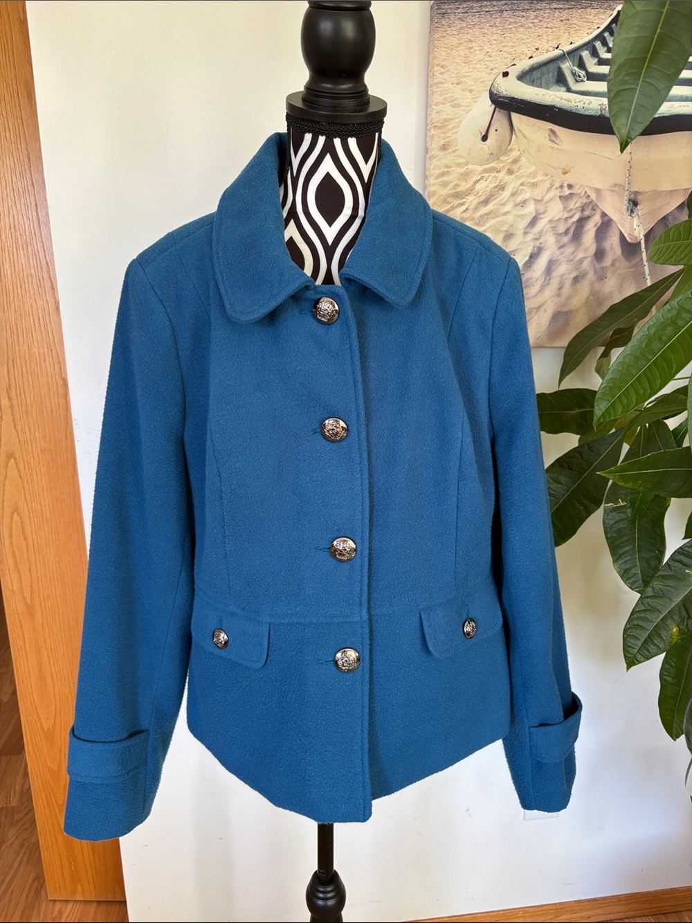 Teal super soft Pea Coat with Decorative Buttons